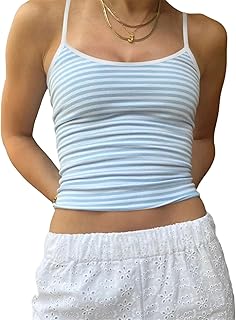 Women Y2K Sleeveless Striped Spaghetti Strap Crop Cami Tank Backless Slim Fit Aesthetic Going Out Tops Girls - Buy now