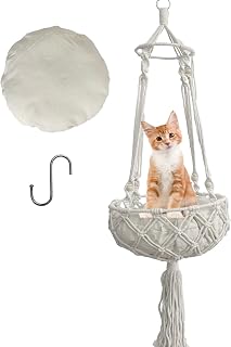 MUYG Macrame Cat Hammock, Handwoven Hanging Boho Cat Bed with Hanging Kit for Indoor Outdoor Home Decor Hang Cat Swing Beds for Playing Sleeping Climbing and Lounging(15.74x15.74x47.24IN)