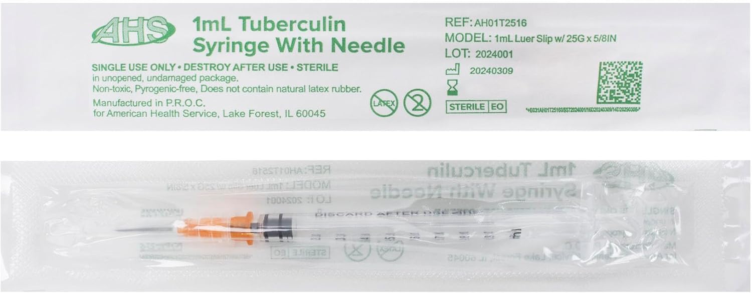Generic 100 Pack, 1mL Tuberculin Syringes with Needle Luer Slip Syringe Individually Packaged (1mL, 25G x 5/8in), Clear