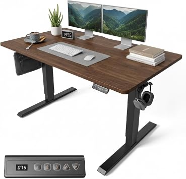 FEZIBO Electric Standing Desk 140 x 70 cm, Height Adjustable Sit Stand Desk with 3 Memory Presets, Home Office Computer Desk, Black Frame with Dark Walnut Top