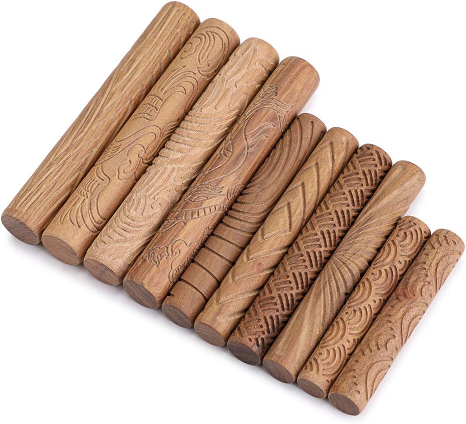 IGNPION Wooden Pottery Kits 10Pcs Pottery Pattern Roller Clay Texture Kit Pottery Ceramic Carved Tools for DIY, Handcrafts