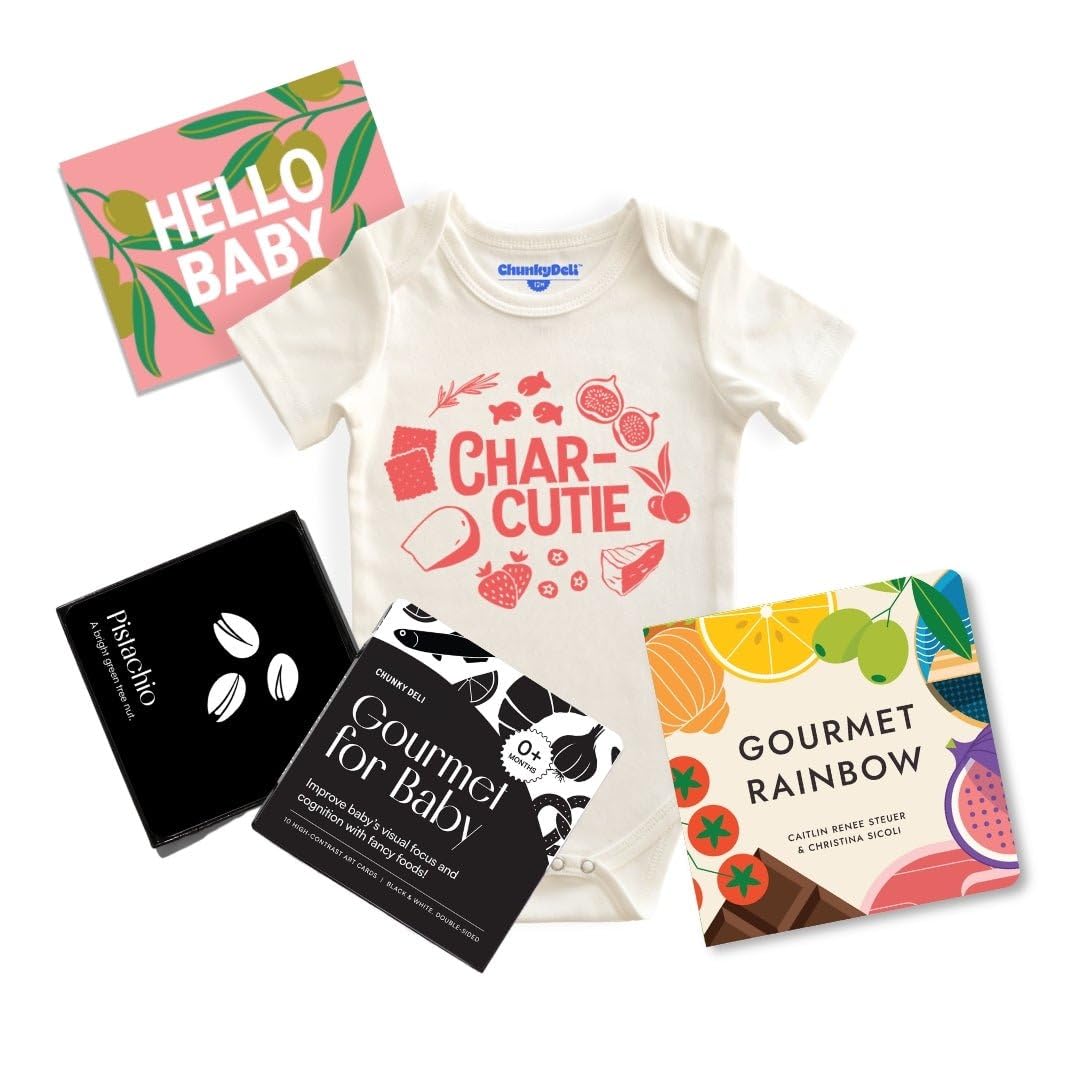 Chunky Deli Char-Cutie Baby Gift Bundle - Infant Foodie Bodysuit, High-Contrast Flash Cards & Board Book Set - Gourmet Newborn & Toddler Apparel and Sensory Reading Collection