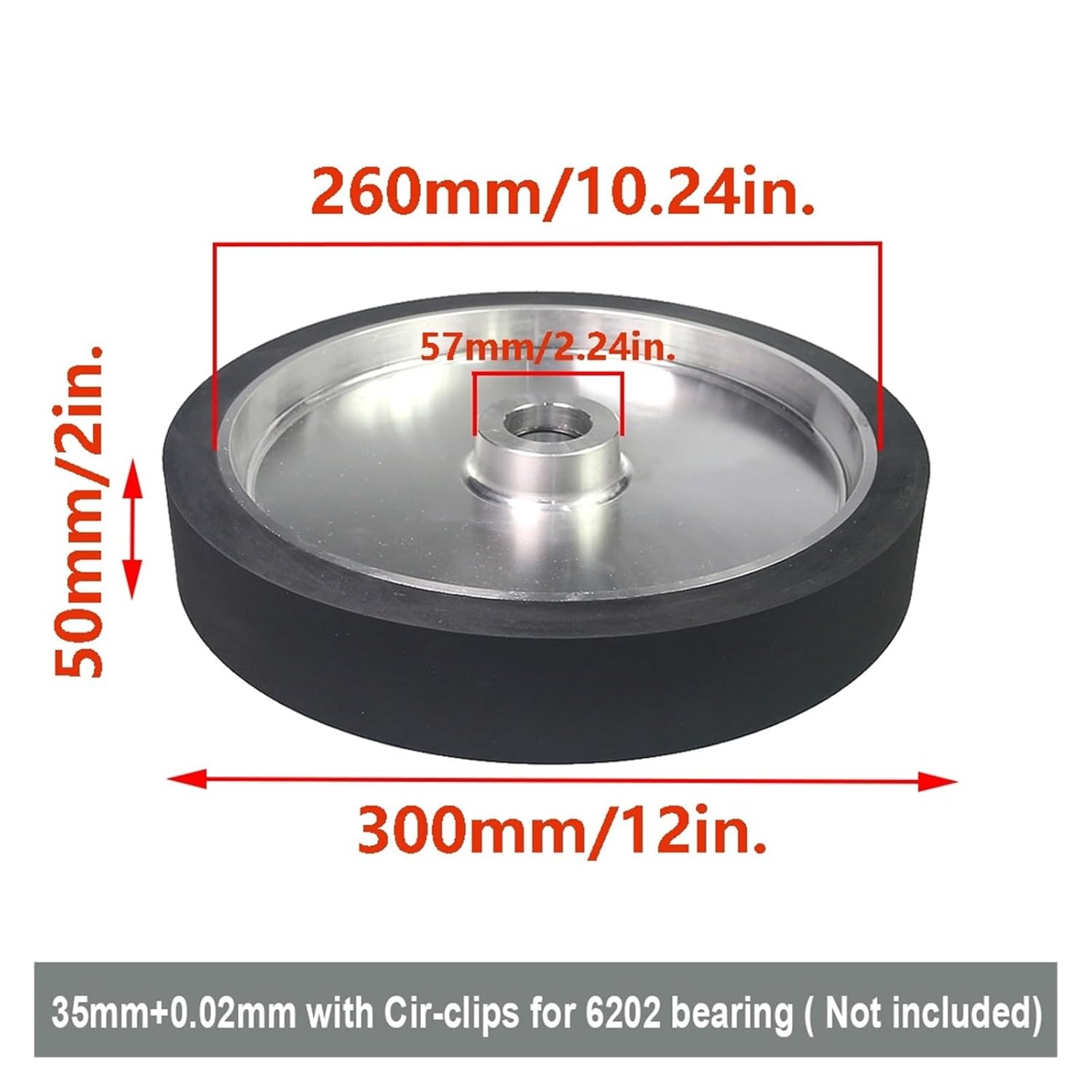 12x2 Solid Rubber Contact Wheel 300x50mm Dynamically Balanced Belt Grinder Polishing 65-70A Hardness(for 6202 Bearings)