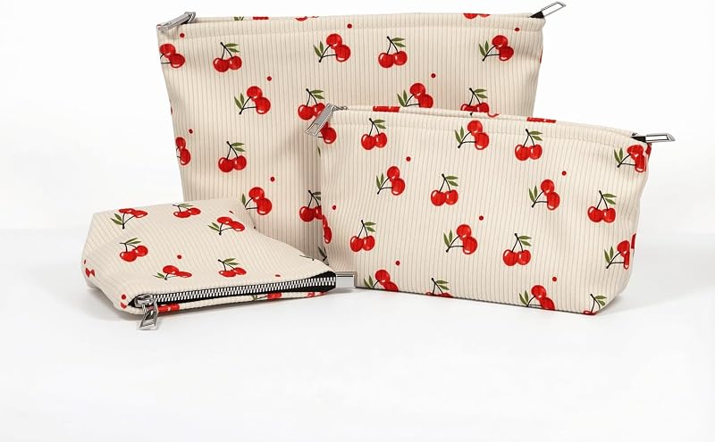 itgowisa Conjunto com 3 necessaires de veludo cotelê com estampa de cerejas