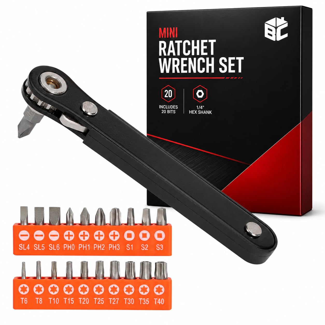 Bates- Low Profile Right Angle Screwdriver with Drill Bits Set, 21 pcs, 1/4" Mini Ratchet Screwdriver with Tamper Proof Torx, Hex Bits, Square Bits for Tight Spaces
