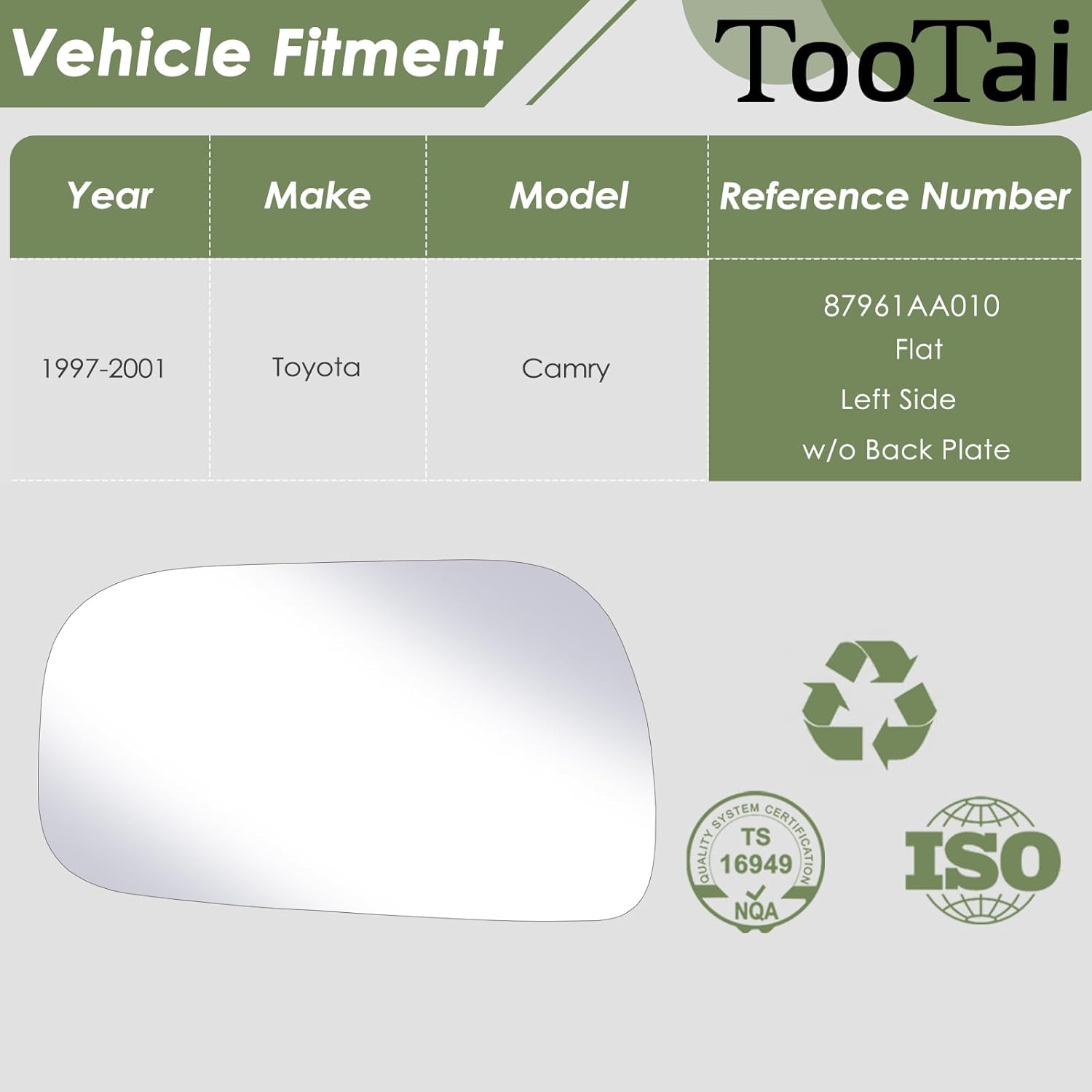 Driver side Replacement Mirror Glass - Compatible with Toyota vehicles - Camry 1997-2001 - Non-Heated, USA Built Only, without Backing Plate