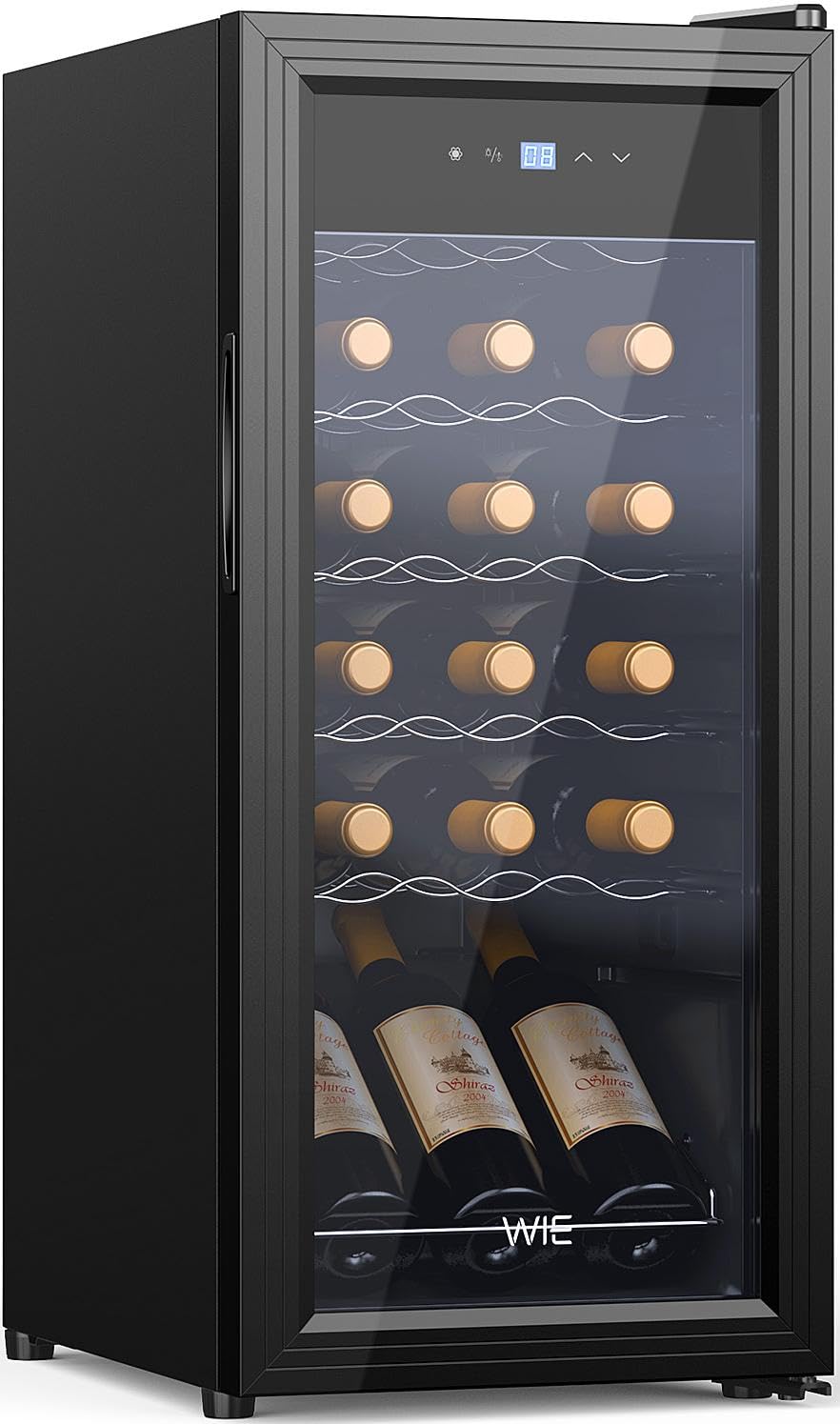WIE Vinoteca, 18 Botellas Nevera Vinos, 53L Vinoteca Pequeña, Protección UV, Control Táctil, Iluminación LED, 5-18°C, para Vino Tinto, Vino Blanco, Cerveza, Bar Interior/Cocina/Hotel