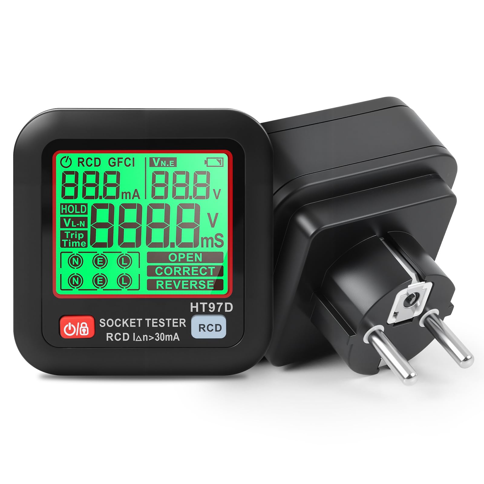 Steckdosenprüfgerät mit Spannungs und Frequenzanzeige, Steckdosentester mit RCD Prüfung und LCD Voltage Display, 6 Arten von Fehlerdiagnose, Leckspannungs und Stromanzeige, FI Test, 30-260V/45-65Hz