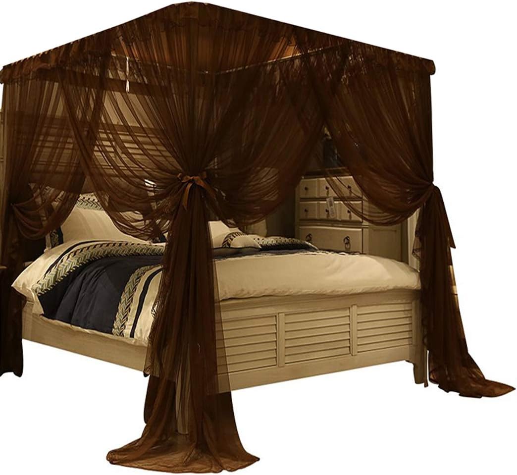 4 Corners Bed Curtain Canopy Net Bed Canopies for Girls Princess Boy Bed (Queen, Coffee)