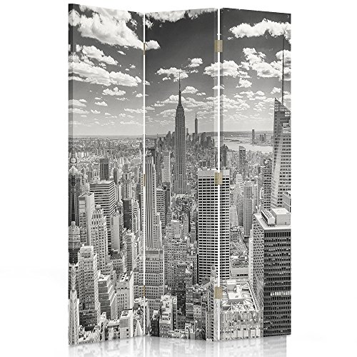 Feeby Paravent Panorama New York 3 Panneaux 110x150 cm Une Seule Côté Cloison de séparation Écran Pliant Interieur Décoratif Mur Espagnol Impression sur Toile Chambre d'enfant Bureau Noir Et Blanc