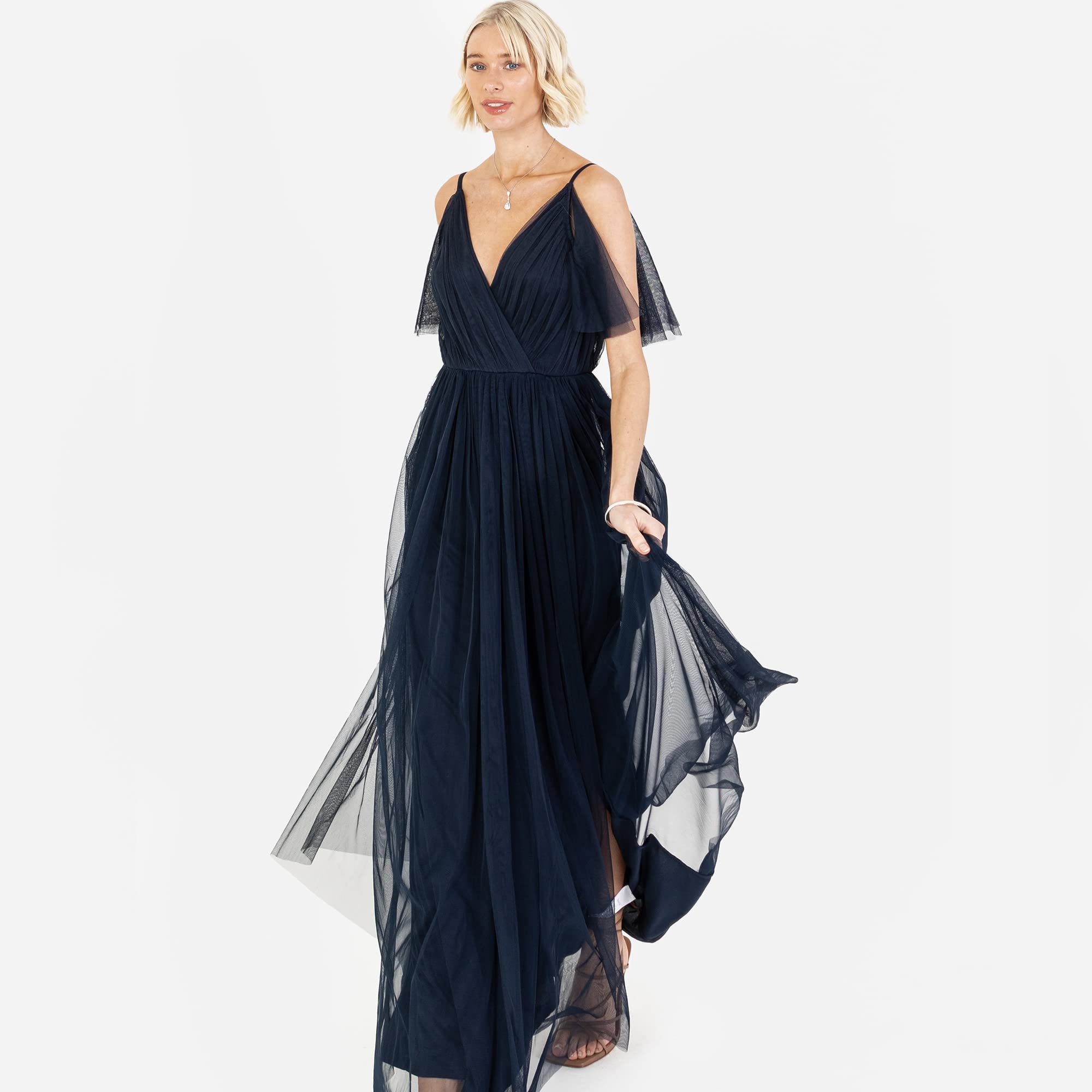 Anaya with Love Ladies Women Long Length Dress Maxi Short Sleeve Cami V Neckline Long Length Empire Waist Bridesmaid Wedding Guest Prom Vestido Mujer (Pack de 1)