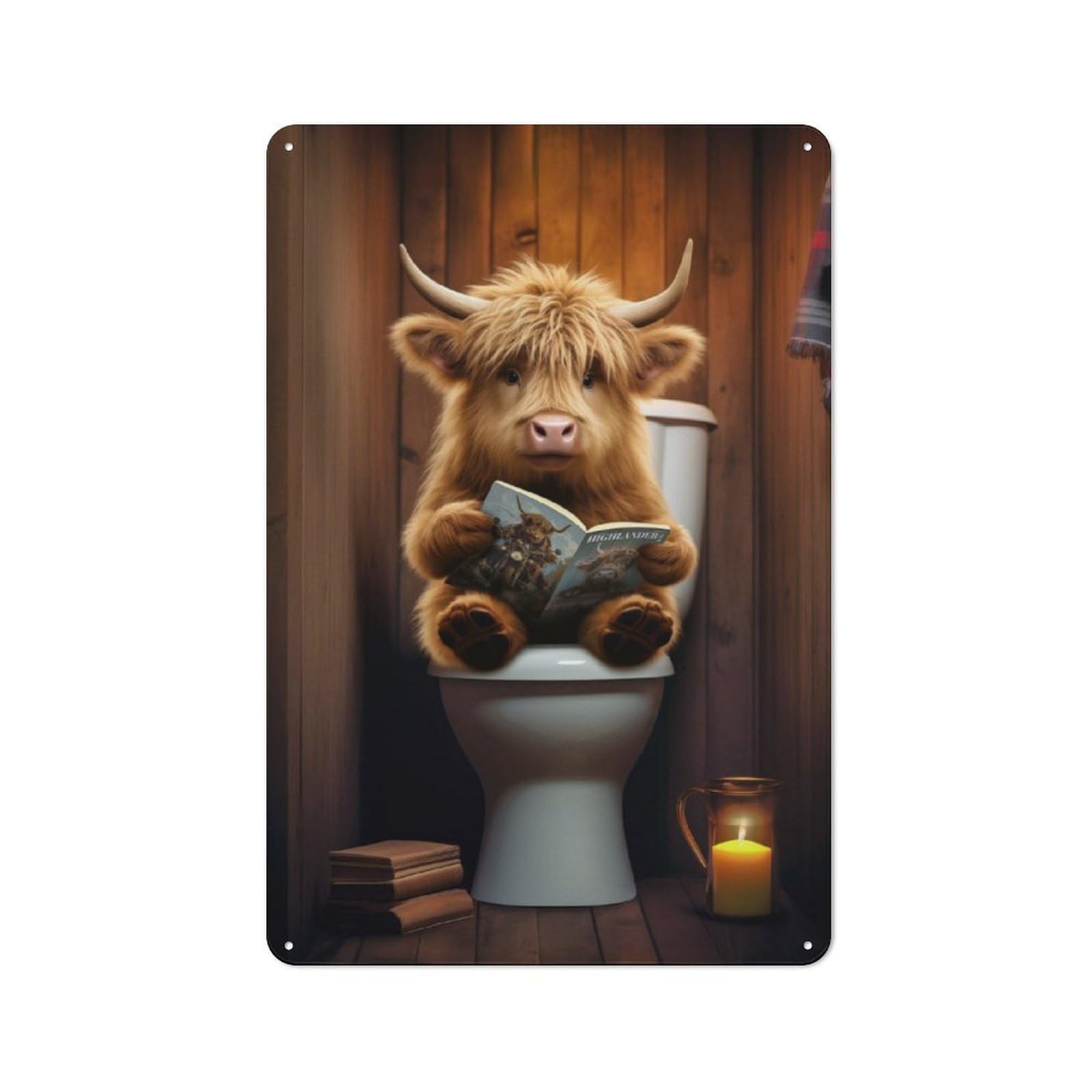 Junmoney Style-12 Highland Cow Reading Book Retro Tin Sign 30X20cm For Garage Wall, With Retro Styling For Interior Wall Displays