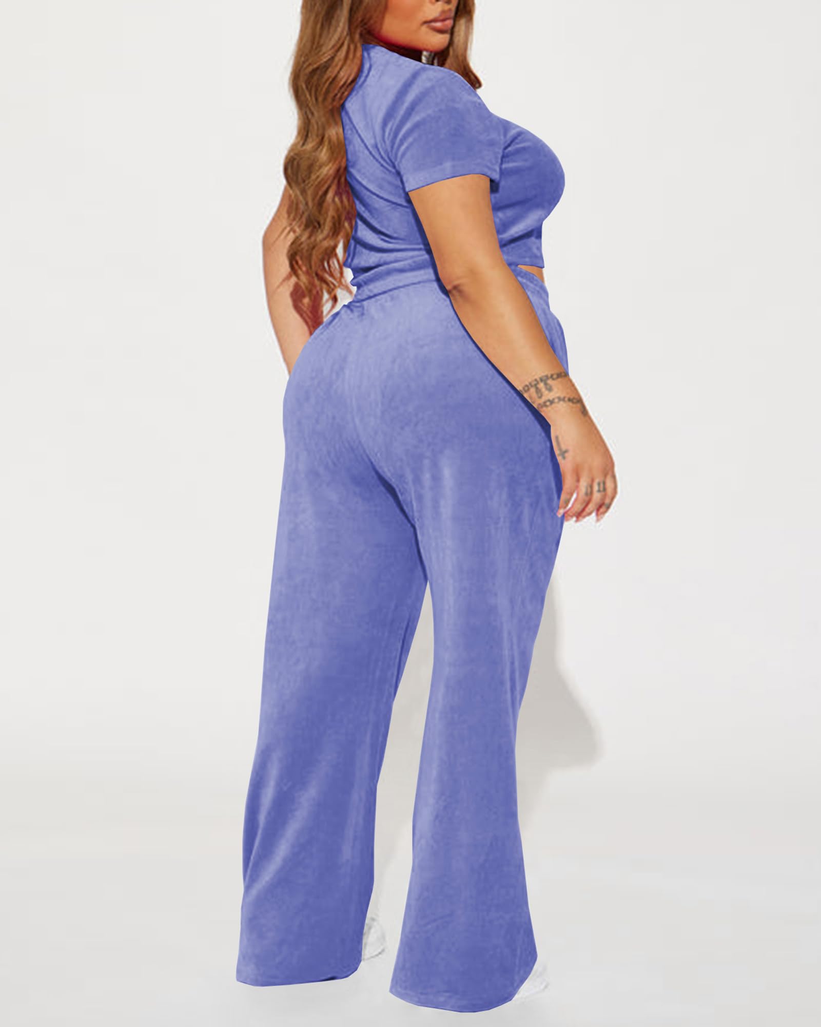 SMSN Conjunto deportivo de terciopelo de 2 piezas para mujer, casual, de manga corta, sin botones y pantalones de chándal de pierna ancha