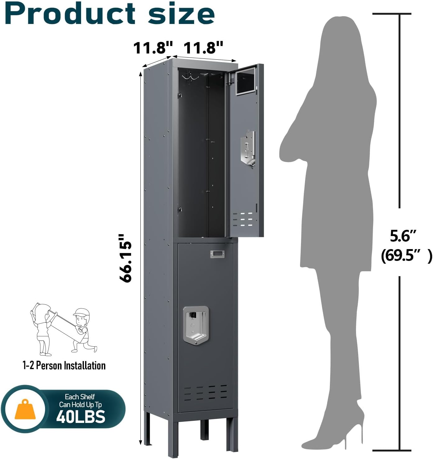 BUTISOW Metal Storage Locker with Lock & Card Slot Locker - Secure Lockable Door - Steel Locker for School, Office, Gym, Home - 66.15" H x 11.8" W x 11.8" D（2 Door, Grey）