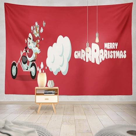 Amazon Co Jp Joocar 飾りをかける サンタクロースのかっこいいオートバイの横断幕クリスマスの楽しみ 快適なインテリア アイデアのタペストリー ホーム キッチン