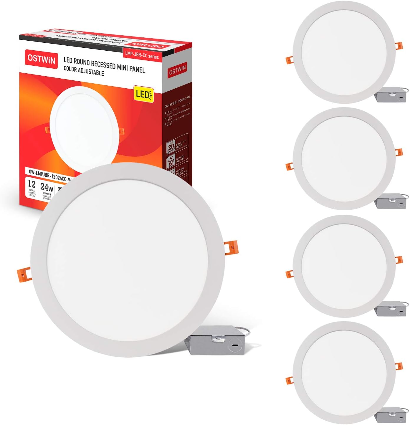 Onе-Dау Sаlе: Uр tо 50% оƒƒ OSTWIN 4 Pack 12 Inch Recessed LED Ceiling Light with Junction Box, IC Rated, 3 CCT Selectable 3000/4000/5000K, Dimmable, 24W (120W Eqv) 1800LM High Brightness, Canless Installation, ETL & Energy Star