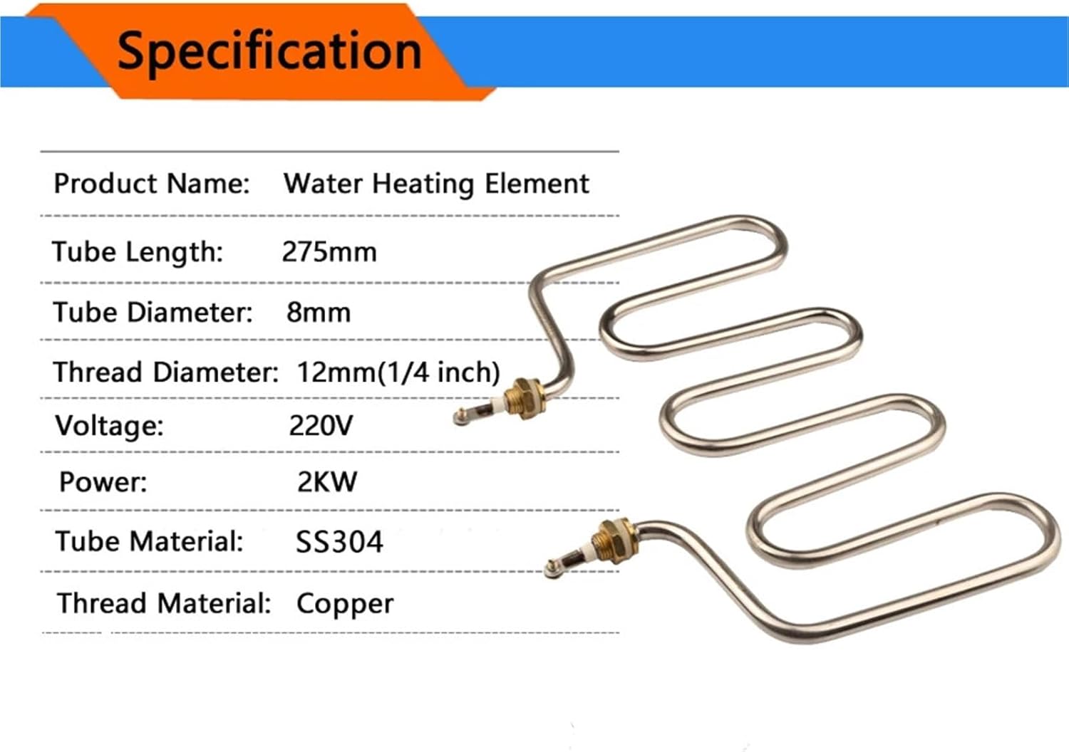 1PCS 4U Heating Element for Rice Steaming Cart, 220V 2KW Water Heater,Stainless Steel Heater Pipe
