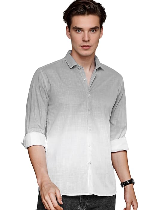 IndoPrimo Men's Cotton Shirt with Full Sleeves Spread Collar Classic Style Solid Pattern Regular Fit and Standard Length