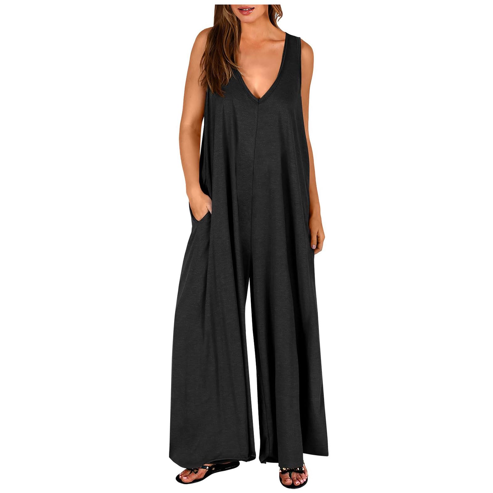 KQIVAM Combinaison Femme en Lin Coton D'Été, Sans Manches Col en V Coupe Oversize Playsuit Décontracté Femme Salopette Fluide Respirant Coloris Uni Confort Draper pour Usage Quotidien et Fête