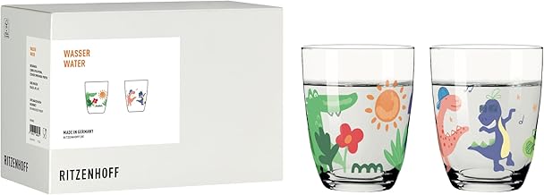RITZENHOFF 8361002 Water Glass 200 ml, Set of 2 - Children's Glasses with Colourful Dino Design & Cheerful Animal Motif - Made in Germany
