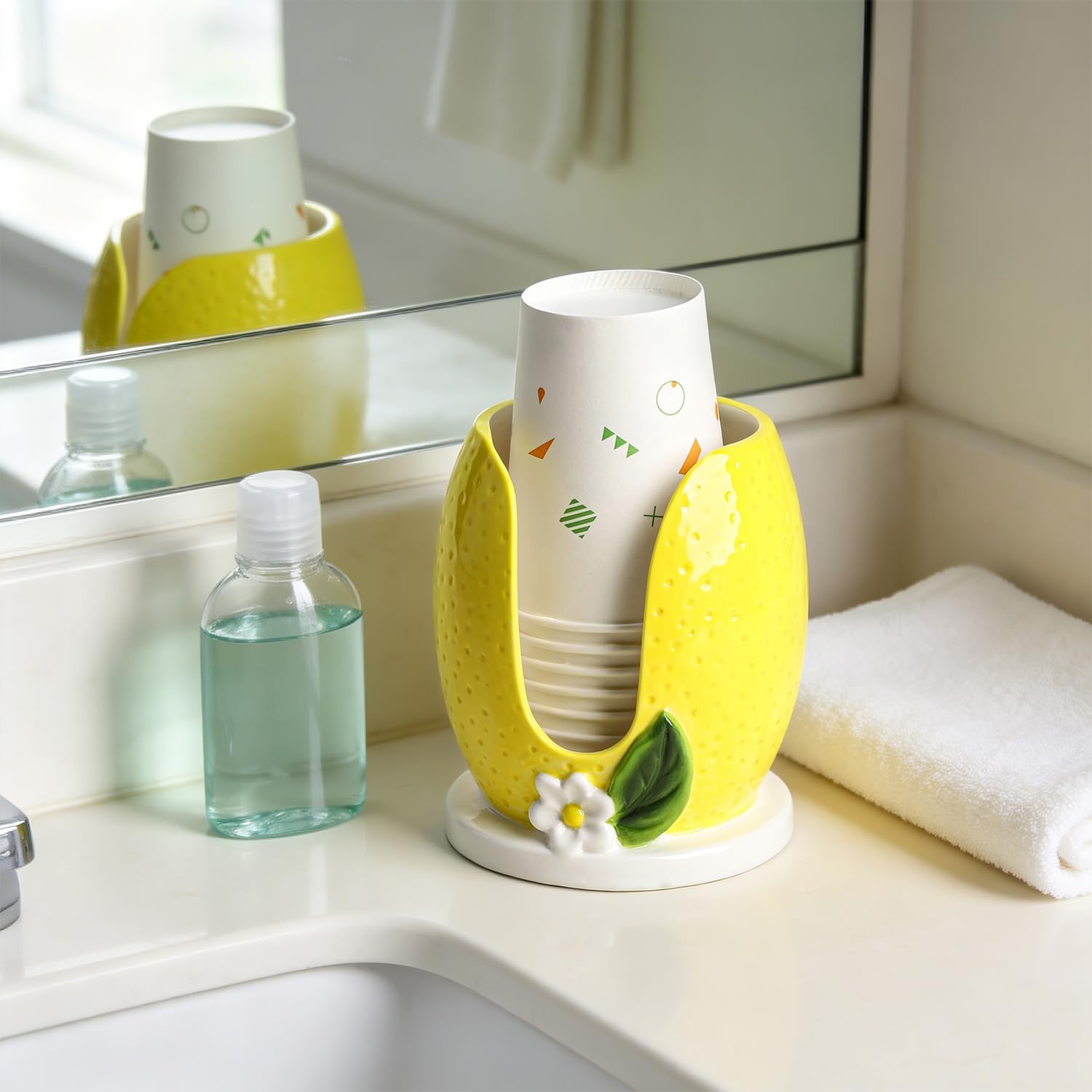 SOCOSY Ceramic Lemon with Flower and Leaf Bathroom Cup Dispenser, Ceramic Paper Cup Holder Mouthwash Dixie Cups for Kitchen Bathroom