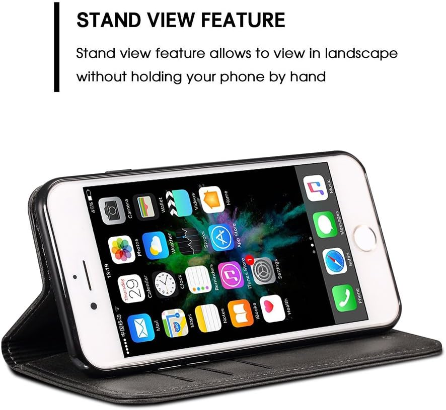 FLY HAWK iPhone 7 Leather Wallet Phone Case iPhone Case with Card Holder Kickstand Protective Flip Cover Black Cover