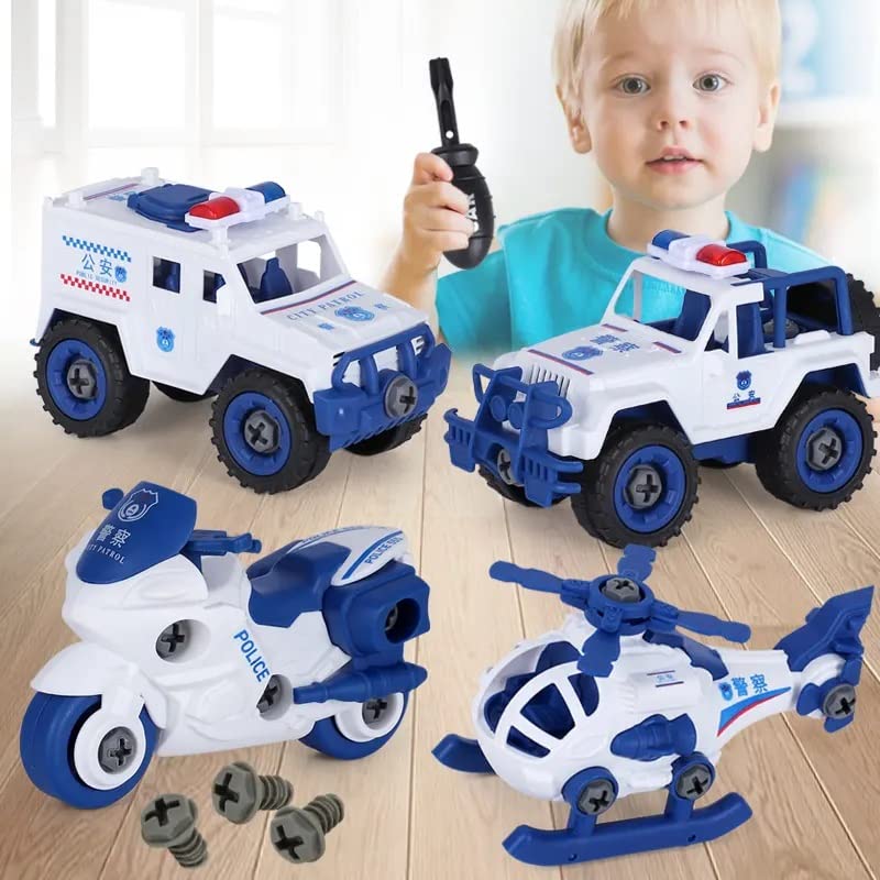 TEC TAVAKKAL Pull Back City Police Vehicle Set of 4 DIY Take Apart Toys With 1 Screwdriver Tool - Kids Building Cars Birthday Gift for Boys and Girls Toddlers, Blue, White