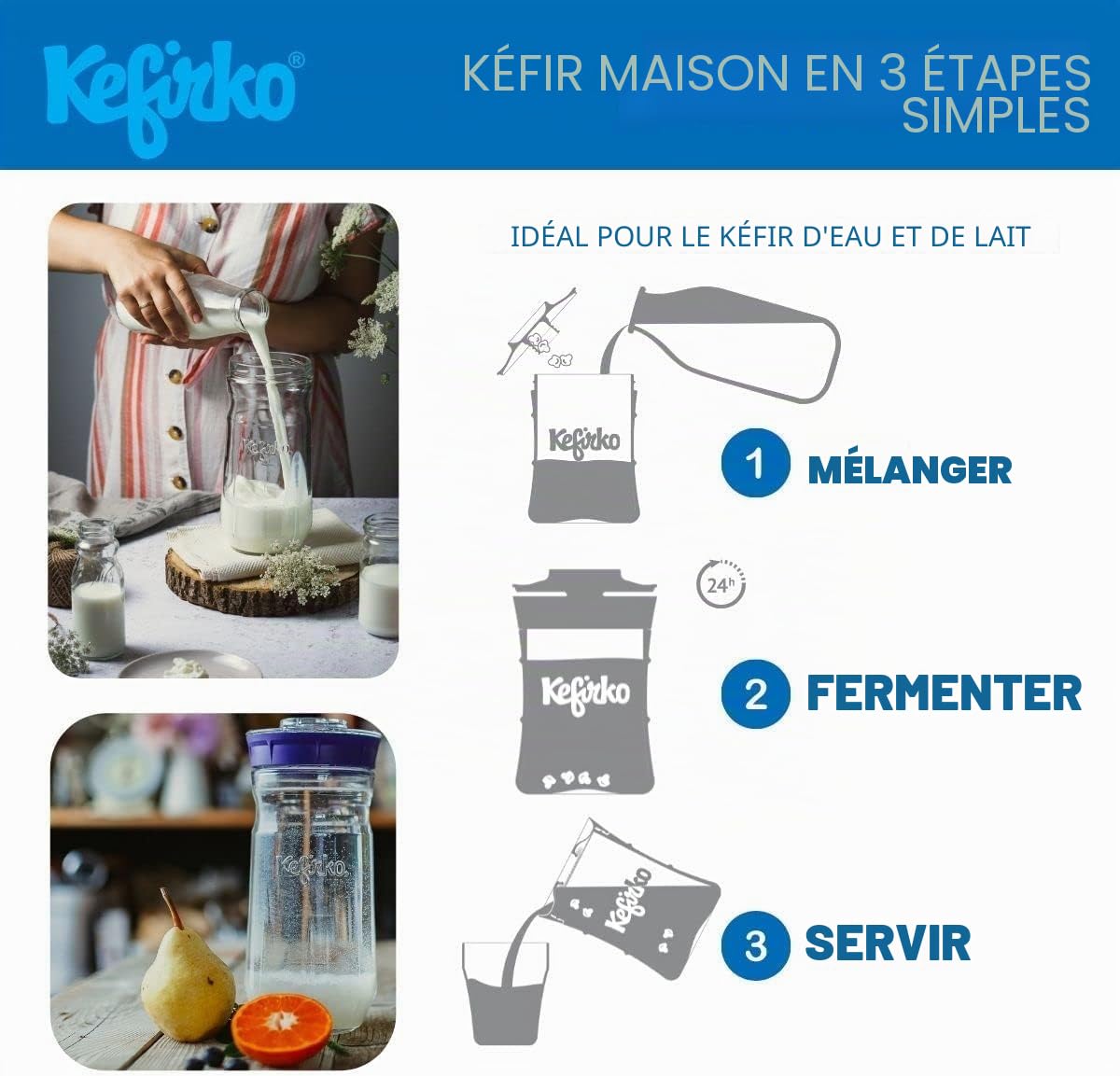 Kefirko Bocal de Fermentation | L'ensemble idéal pour préparer du Kéfir de Lait ou du Kéfir d'eau à la Maison | Fermenteur-germinateur Maison + livret de Recettes | 848ml | sans BPA | (Bleu)