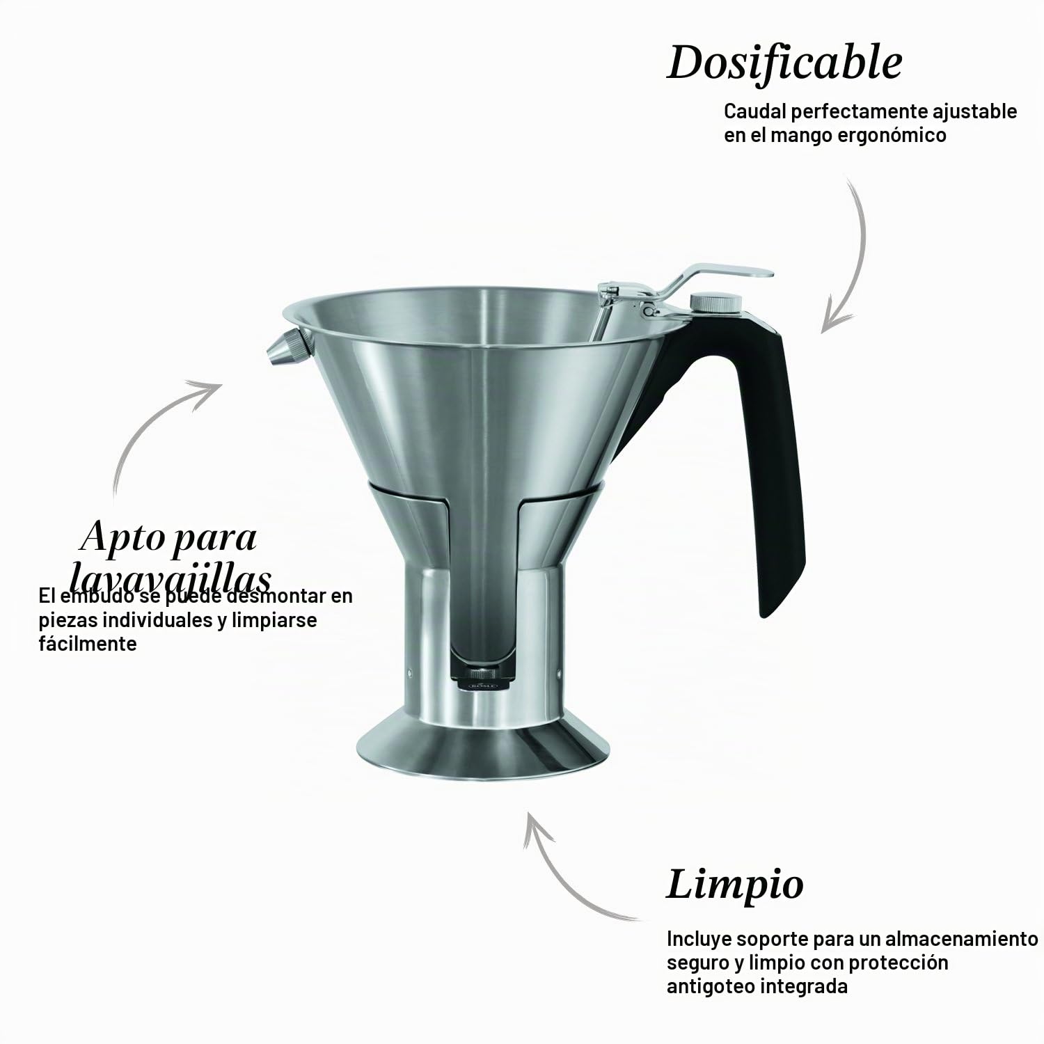 RÖSLE Embudo para fondant, embudo de salsa para dosificar líquidos, con incrustación interna y boquillas intercambiables, acero inoxidable 18/10