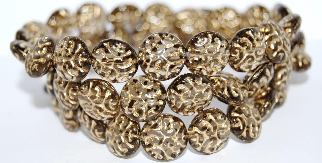 60 pcs Lentil Round with Ornament Brain Pressed Glass Beads, (18016 54202), Glass, Czech Republic, Size 13 mm (0.51 in)
