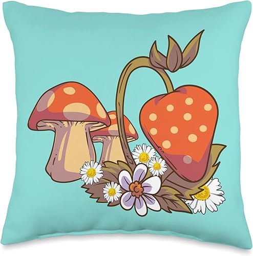 RST Creative - Love Nature Botanical Flora Fauna Cottagecore - Bonita almohada estética kawaii con flor de hongo y fresa, 16 x 16 pulgadas,