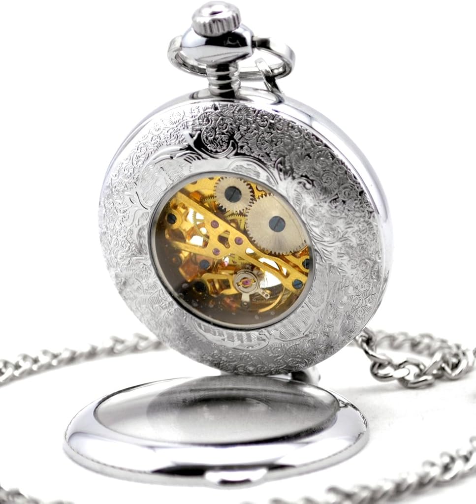 Infinite U Black Arabic Numerals Right Angle Magnifier Steel Mechanical Pocket Watch Pendant Necklace for Men/Women Silver - Image 4