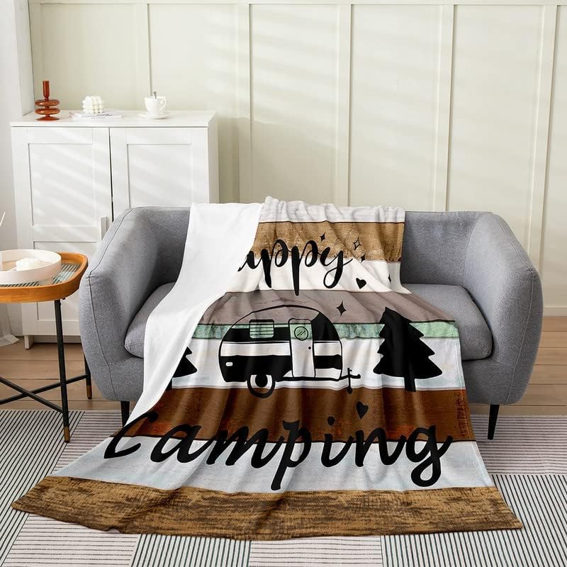 Feelyou Camper Plush Throw Blanket, Happy Camping All Season Bed Blanket, Rustic Wooden Brown White Flannel Fleece Blanket, Gift for Women Mom Wife, Twin 60"x80" Multi 03 Twin