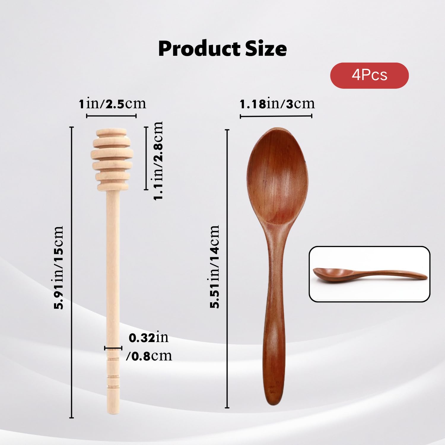 4 cucchiai per miele, 14 cm, in legno, 15 cm, per miele e sciroppo, per miele e miele (2 + 2, marrone)