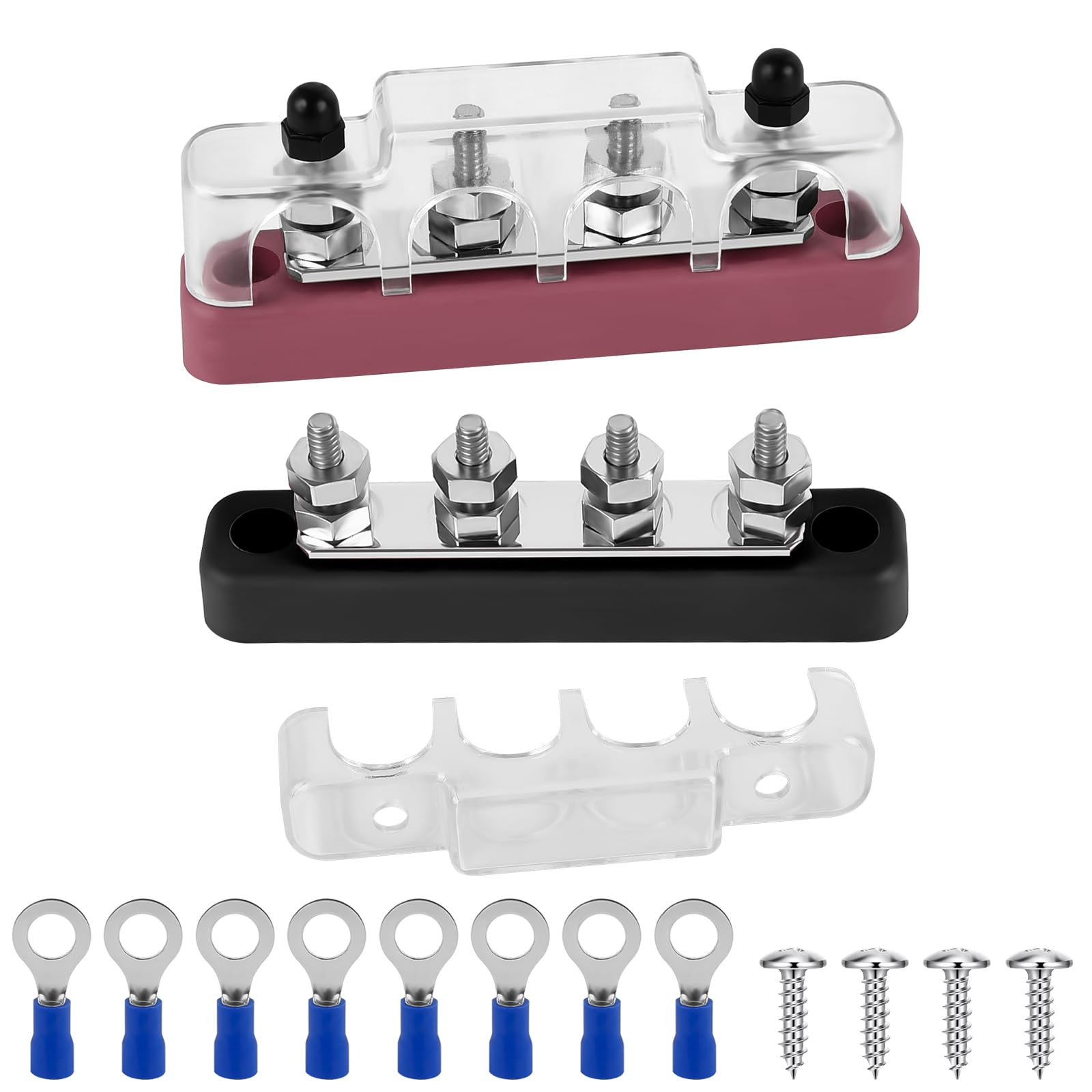 2PCS Bus Bar, 12V- 48V Distribution Block Bus Bar Terminal Block with 4 x M6 Connection bolts,150 Amp Power Distribution Block Bus Bar for Car Boat Marine Caravan RV (Red & Black)