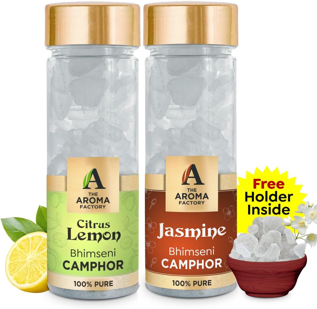 The Aroma Factory Pure Bhimseni Camphor, Citrus Lemon & Jasmine, Zero Residue Kapoor with Fragrance for Pooja, Aarti Kapur | Bottle Pack of 2 x 80gm