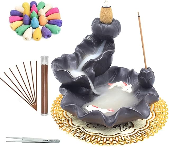 XIYINXI Ceramic backflow incense burner Waterfall Incense Holders, Aromatherapy Ornament Home Decor with 30 Backflow Incense Cones + 50 Incense Stick