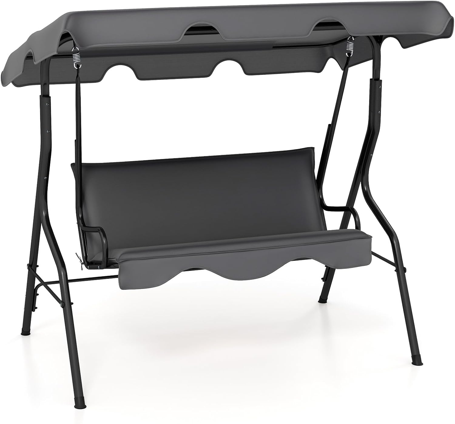 HAPPYGRILL 3-Person Patio Swing Chair, Outdoor Swing Glider with Adjustable Canopy and Removable Cushion, Porch Swing with Stand for Garden and Backyard, (Grey)