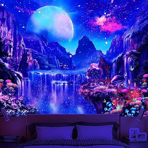 Avinyl Blacklight Space Tapestry for Bedroom Black Light Waterfall Landscape Wall Hanging UV Reactive Moon Galaxy Tapestries Fantasy Mushroom and Floral Tapestry for Living Room Decor 71x91in Cover