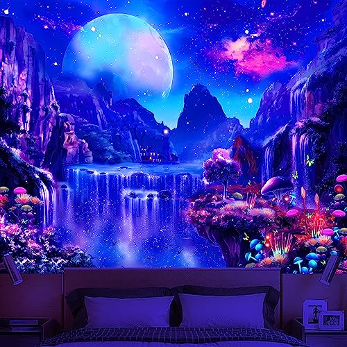 Avinyl Blacklight Posters Space Tapestry For Bedroom Black Light Waterfall Landscape Wall Hanging Uv Reactive Moon Galaxy Tapestries Fantasy Mushroom And Floral Tapestry For Living Room Decor 51In X 60In cover