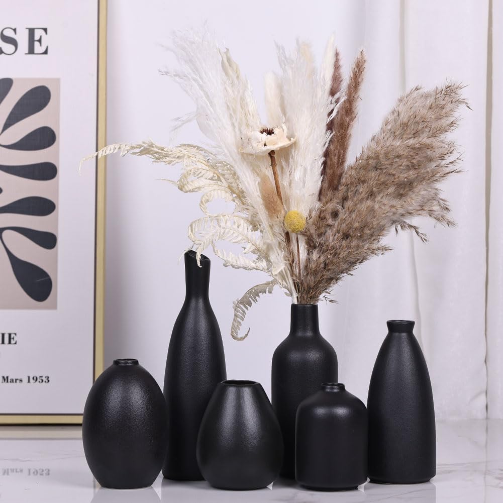 6 Pack Small Black Ceramic Bud Vases for Home Decor - Modern Boho Small Vases for Centerpieces in Bulk, Mini Flower Vases for Dry Flowers, Wedding, Table, and Party Decorations