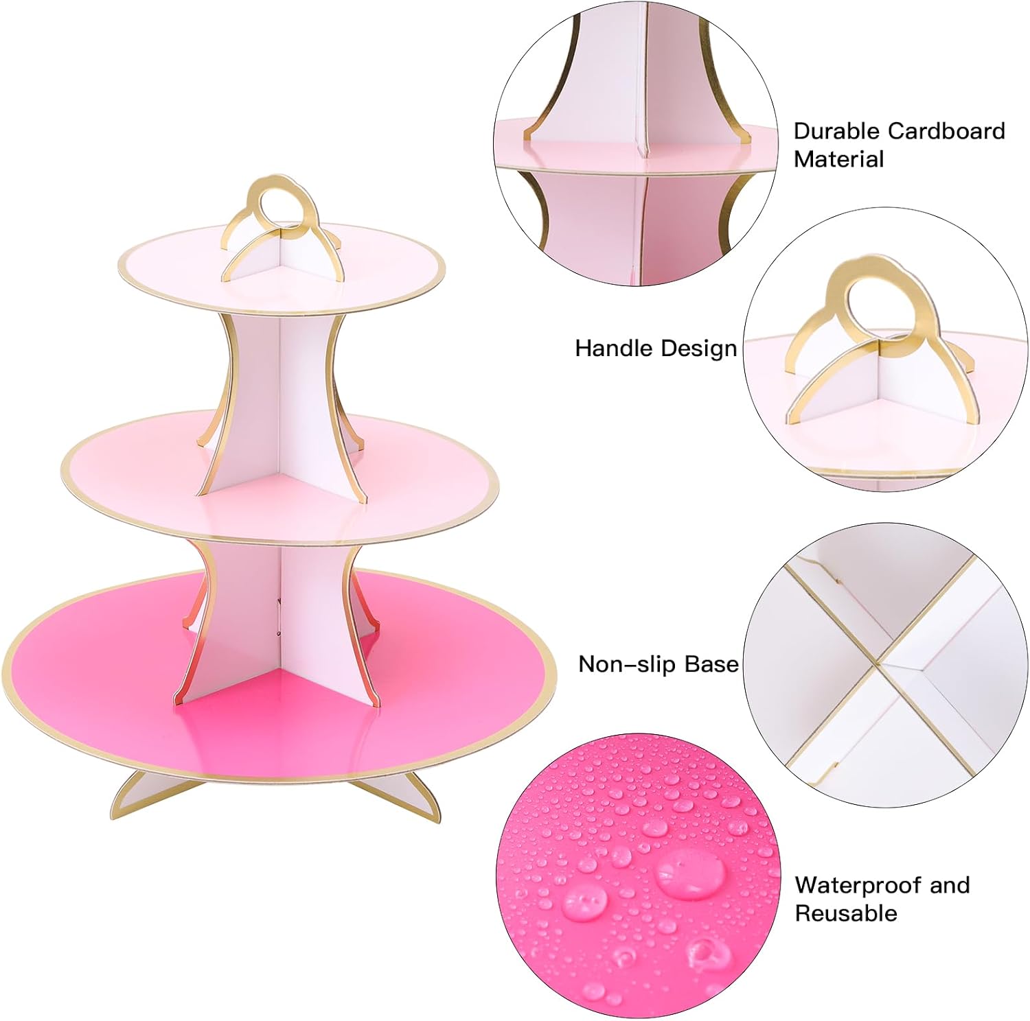 Soleebee 3-Tier Round Cupcake Stand, Multicolor Cardboard Cupcake Tower, Cup Cake Stand Tower for Birthday Wedding Party Decoration, Cupcake Tier Stand Desserts Display 1 Set (Pink+Hot Pink Gold)