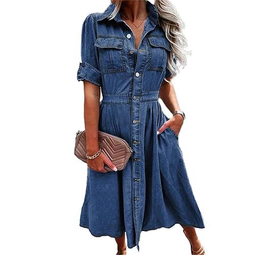 Women Denim Shirt Dress V Neck Short Sleeve Long Bottom