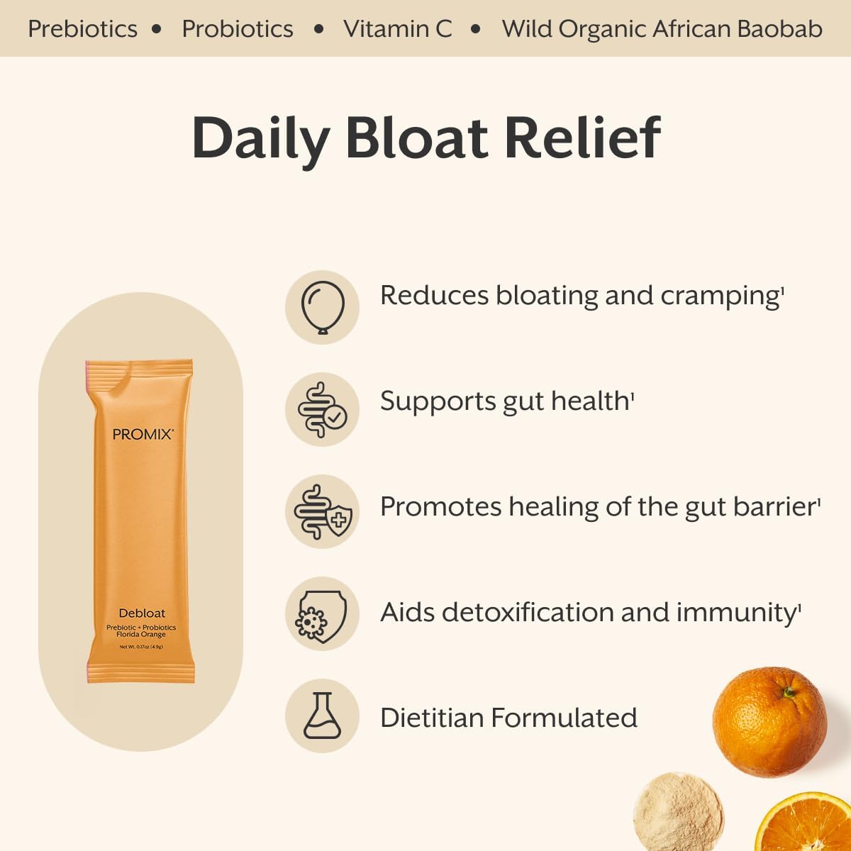 ProMix Nutrition Debloat Prebiotics and Probiotics with Baobab - Rich in Vitamin C, Bloating Relief, Immune Support - Orange - 30 Servings (Pack of 30) - Image 2