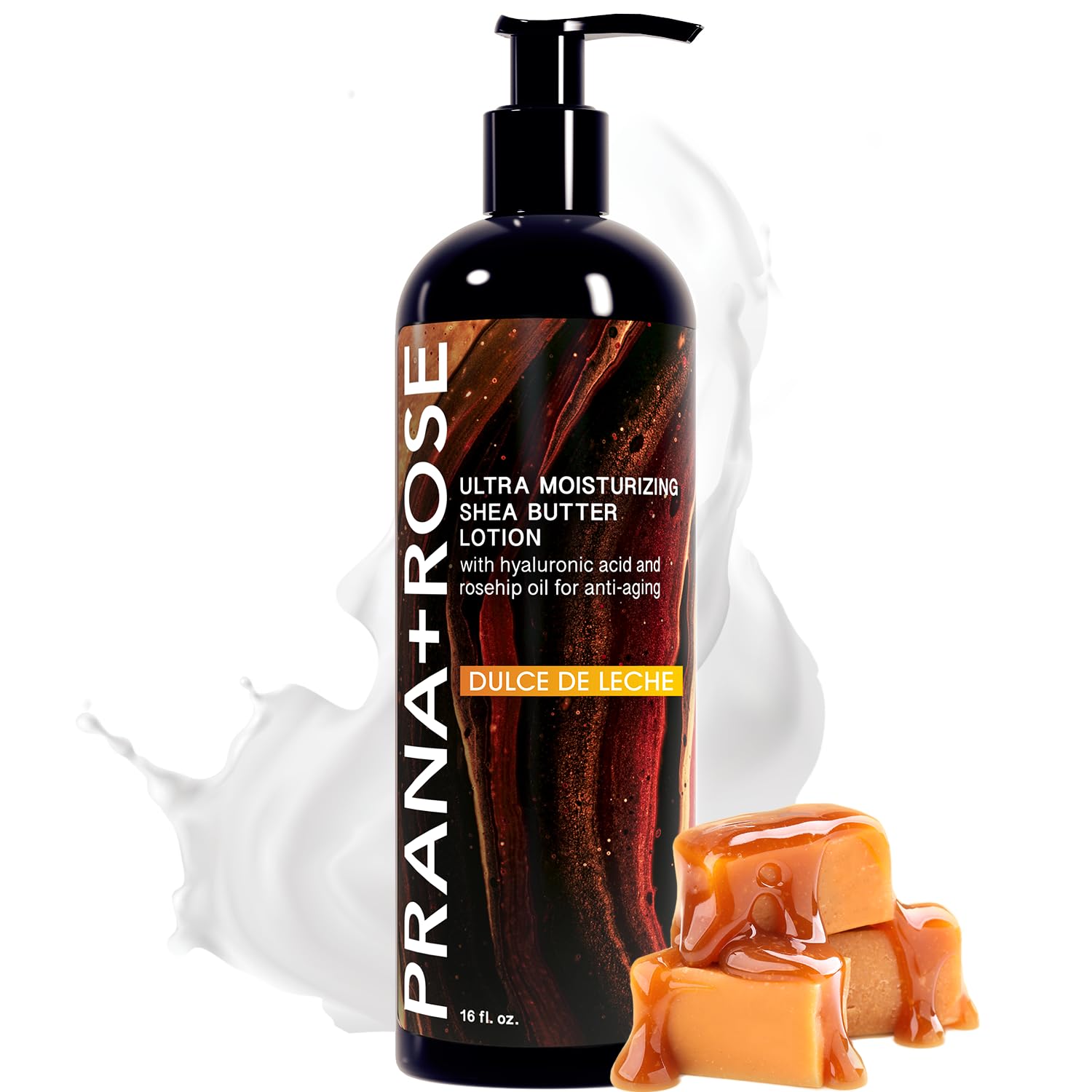 PRANA+ROSE MADE IN THE USA Ultra Moisturizing Shea Butter Lotion with Hyaluronic Acid and Rosehip Oil for anti-aging ORGANIC VEGAN body and hand lotion 16oz (Dulce De Leche)