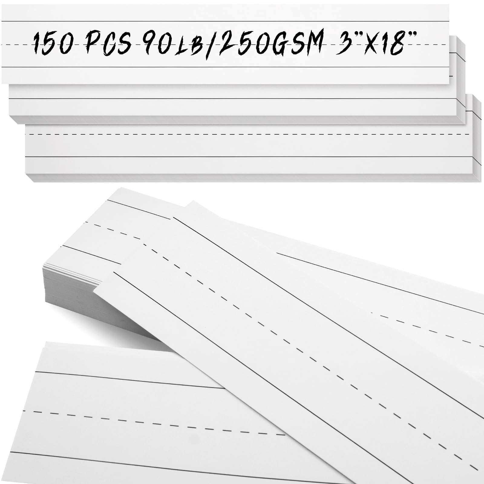LOTMER 150 Sheets White Sentence Strips, 92LB/250gsm Cardstock Ruled Sentence Strips 3 x 18 Inches Sentence Strips for Teachers, Classrooms, Offices