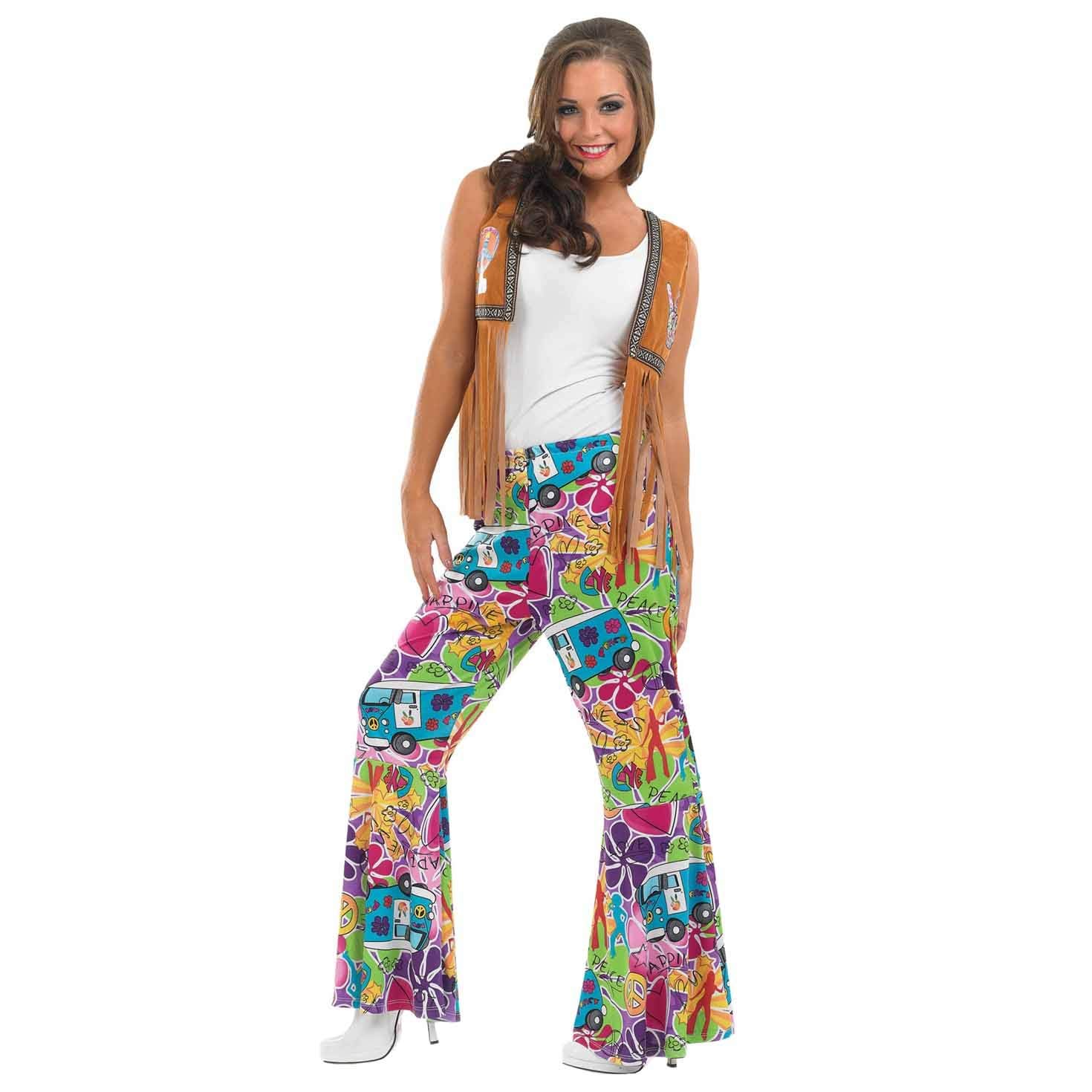 Fun Shack Pantalón Hippie Años 70 Mujer Adulto Estampado Flores Furgonetas Colores Discoteca Carnaval Fiesta Vintage