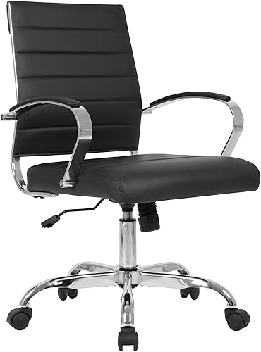 Miniatura 1 de LANDSUN Silla de oficina en casa, silla de escritorio con respaldo medio, silla giratoria ejecutiva acanalada de piel sintética con ruedas y