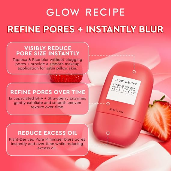 Glow Recipe Strawberry BHA Serum Primer, Silicone-Free Blurring Matte Primer, Pore Minimizing Face Primer + Salicylic Acid Serum, Oil Control, Smooth Texture, Korean Primer Serum (30ml)