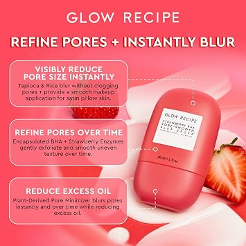 Glow Recipe Strawberry BHA Serum Primer, Silicone-Free Blurring Matte Primer, Pore Minimizing Face Primer + Salicylic Acid Serum, Oil Control, Smooth Texture, Korean Primer Serum (30ml)